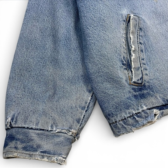 Woolrich 90s Denim Work Jacket Men's L Leather Collar Blanket Lined Distressed - Picture 3 of 16